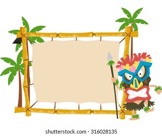 Illustration of a Man Wearing a Tiki Mask Standing Beside a Wooden Banner