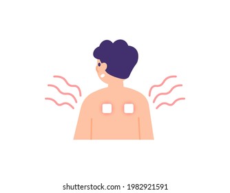 illustration of a man wearing a transdermal patch to relieve shoulder aches and pains. warm up. external medicine. treatment. flat style. vector design