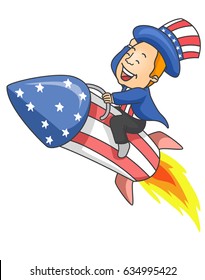 Illustration of a Man wearing Uncle Sam Costume Riding a Flying Rocket