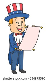 Illustration of a Man Wearing Uncle Sam Costume Reading a Message from a Rolled Parchment Paper