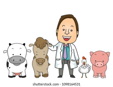Illustration of a Man Wearing Veterinarian White Gown with a Cow, Horse, Chicken and Pig