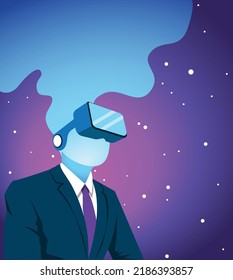 	
Illustration of man wearing virtual reality glasses, VR Glasses. Virtual reality concept. Oculus VR. Metaverse	
