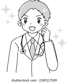 Illustration of a man wearing a white coat doing a guts pose (with a stethoscope)