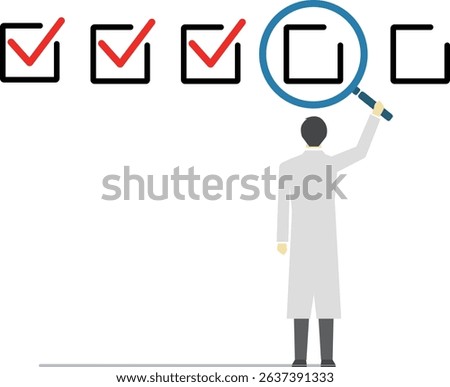 Illustration of a man wearing a white coat checking each check item using a magnifying glass