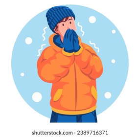 Illustration of a Man Wearing a Winter Jacket and Sneezing