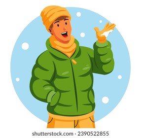 Ilustración de un hombre con una chaqueta de invierno y una bufanda con copos de nieve