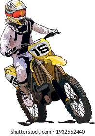 illustration of a man wearing a yellow helmet, orange goggles, black and white jersey, white gloves, and boots, riding a motocross motorcycle, with off-road tires and a big suspension