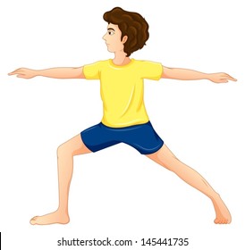 Illustration of a man wearing a yellow tshirt performing yoga on a white background 