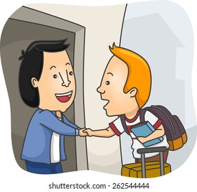 Illustration of a Man Welcoming a Homestay Student at His Home