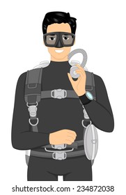 Illustration of a Man in a Wetsuit Wearing Scuba Diving Gear