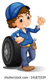 Illustration of a man with a wheel at his back on a white background