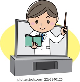 Illustration of a man in a white coat jumping out of the TV screen and explaining