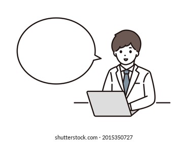 Illustration of a man in a white coat, a pharmacist, and a doctor working on a computer with a smile