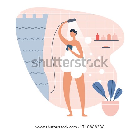 Illustration of man in white fluffy foam taking shower washing at home in bathroom isolated on white background. Everyday personal care, hygienic procedure. Flat cartoon vector illustration