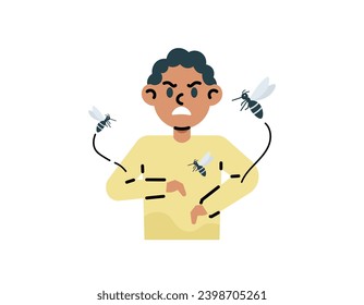 Illustration of a man who is angry because he keeps being bitten by mosquitoes. swarmed by annoying mosquitoes. upset with mosquito bites. humans and insects. Flat and cartoon illustration design