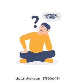 illustration of a man who is asking questions or is confused because he gets into a problem. the concept of running out of ideas, daydreaming, sad, depressed. flat design. can be used for elements