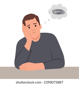 illustration of a man who is asking questions or is confused because he gets into a problem. the concept of running out of ideas, daydreaming, sad, depressed. Flat vector illustration