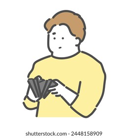 Illustration of a man who becomes anxious after looking at the contents of his wallet