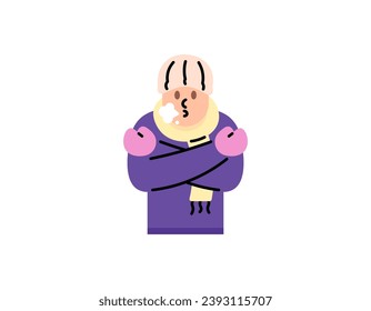 Illustration of a man who is cold. hugged himself because it was so cold. trying to warm up. shivering and uncomfortable. winter clothes. character of people. flat or cartoon illustration design