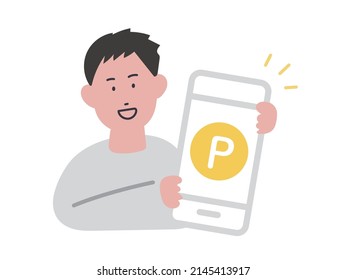 Illustration of a man who collects points with a smartphone