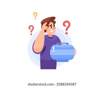 illustration of a man who is confused to exchange a gas cylinder. a boy has difficulty getting gas for cooking. the problem of scarce goods. flat style character design. elements