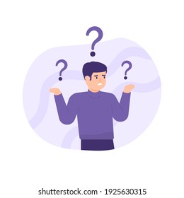 illustration of a man who is confused, questioning. want to find answers. people around the question mark. people's expressions are in a daze and need help. flat style. vector design