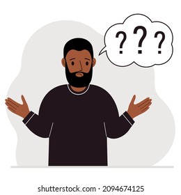 Illustration of a man who is confused, questioning. Want to find answers. People around the question mark. Man expressions are in a daze and need help. Vector flat illustration