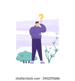 an illustration of a man who is confused or wants to ask a question. concept Frequently asked questions or FAQs, question marks around people, online support centers, messages or help chat. vector