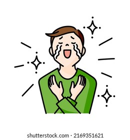 Illustration of a man who is deeply moved and cries (white background, vector, cut out)