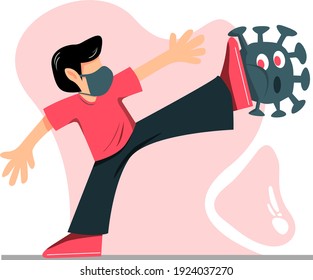 Illustration of a man who defends himself and also fights himself against the covid 19 or corona virus attack. by using a mask, keeping your distance, and washing your hands under running water.