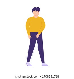 Illustration Of A Man Who Is Difficult To Walk Because He Feels Tingling Or Paresthesia, Weakness, Numbness, Like Being Pricked By A Needle. The Expression On People Face. Flat Style. Vector Design