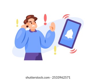 illustration of a man who is disturbed by the sound and vibration of a smartphone. disturbed by a cellphone alarm. rejecting and not liking to use a cellphone. flat style character design. elements