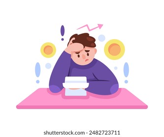 illustration of a man who is dizzy because he thinks about living costs. businessman with financial problems. confused because expenses are increasing. economy problem. flat style character design