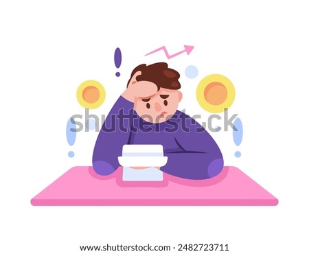 illustration of a man who is dizzy because he thinks about living costs. businessman with financial problems. confused because expenses are increasing. economy problem. flat style character design