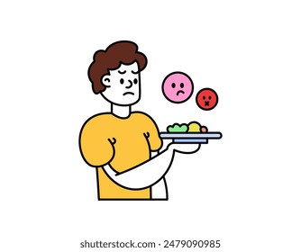 illustration of a man who doesn't like eating vegetables. holding a plate of food. refuse and don't want to eat vegetables. dislike and hate. facial expression. character design. outline style