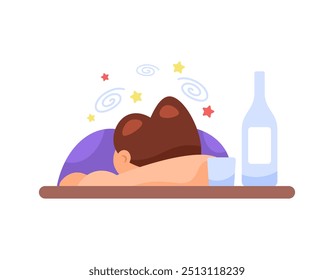 Ilustración de un hombre que está borracho debido a beber demasiado alcohol. Bebido debido al estrés y la depresión debido al trabajo o la vida. Problemas y estilo de vida. Diseño de personajes de estilo plano. Elementos