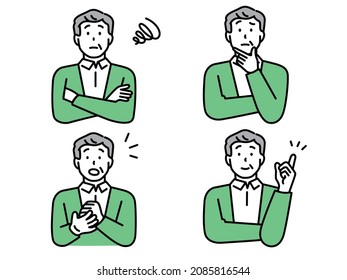 An illustration of a man who expresses questions and problems with his expression.Social media, senior generation, thinking, worrying.
