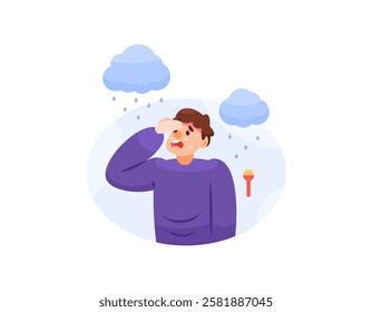 illustration of a man who feels feverish. suffering from fever due to rain. body feels hot due to being caught in the rain. health problems. expression and gesture. flat style character design