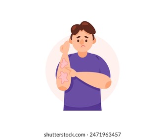 illustration of a man who feels itching on his arm. suffering from ringworm or Dermatophytosis, a fungal infection. skin disease. health problems. character design. flat style