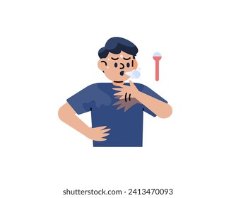 Illustration of a man who feels sultry. The facial expression of an overheated person. clothes get wet from sweating. High temperature causes the body sweating. flat illustration design. graphic 