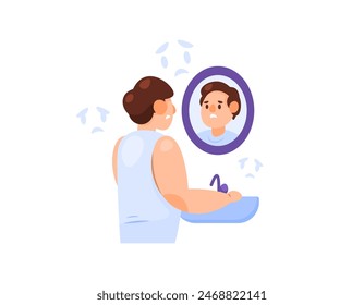 Illustration of a man who feels ugly when he sees a face in the mirror. Reflect. feel insecure. looks sad because of an ugly face or not good looking. facial skin problems. Character illustrations