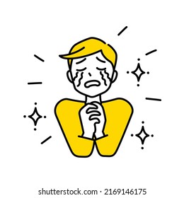 Illustration of a man who folds his hands in front of his chest and sheds tears (white background, vector, cut out)