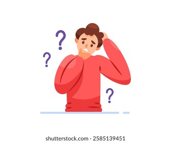 illustration of a man who forgets and is confused. man with question mark. forgetfulness and wondering. symptoms of amnesia, Dementia, memory disorders. flat style character design. elements