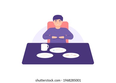 illustration of a man who is full after breaking the fast. eating too much. table, leftovers, plates. full stomach. flat style. vector design