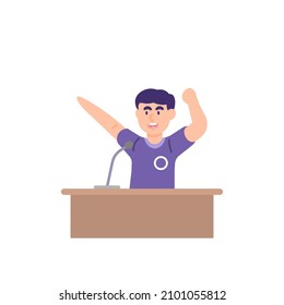 illustration of a man who is giving a speech, lecture, oration, opinion, talking using a microphone. moderator, commentator, resource person. flat cartoon style. vector design. ui, element