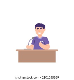 illustration of a man who is giving a speech, lecture, oration, opinion, talking using a microphone. moderator, commentator, resource person. flat cartoon style. vector design. ui, element