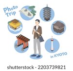 It is an illustration of a man who goes sightseeing while taking pictures of famous places in Kyoto with a camera.
