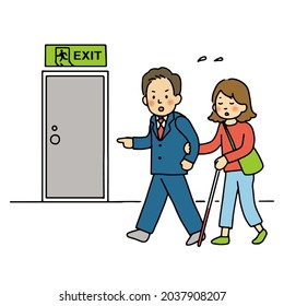 It is an illustration of a man who guides the visually impaired to evacuate.
Easy-to-use vector material.