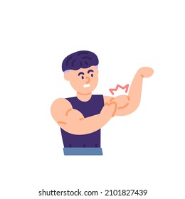 illustration of a man who has cramps in his biceps or arm muscles. bodybuilder, weightlifter. disease, hand pain after exercise. stiff muscles. flat cartoon style. vector design. landing page, ui