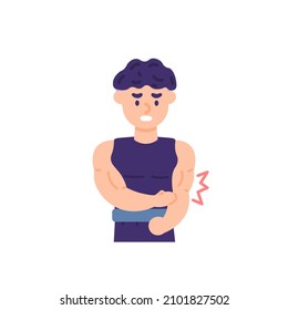 illustration of a man who has cramps in his biceps or arm muscles. bodybuilder, weightlifter. disease, hand pain after exercise. stiff muscles. flat cartoon style. vector design. landing page, ui